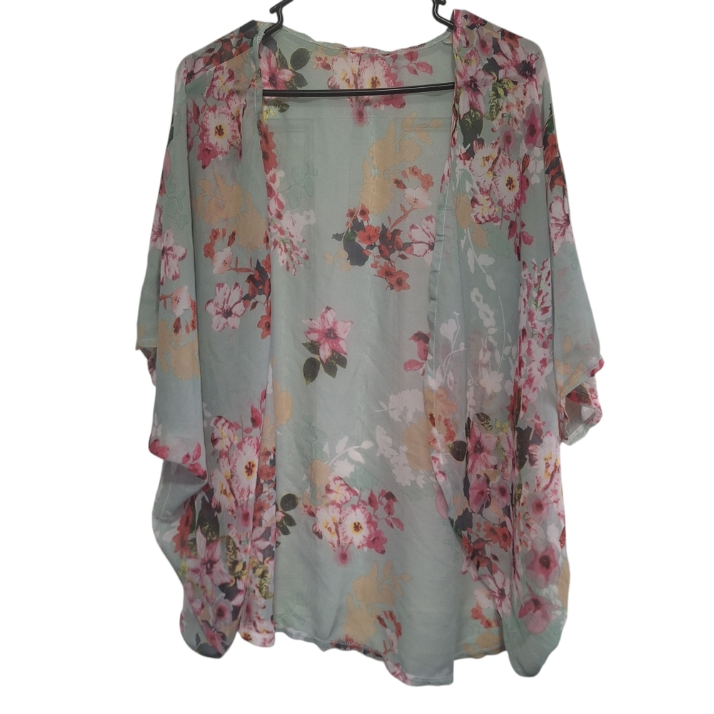 Open-Front Lightweight Turquoise Floral Coverup Kimono, One Size Fits All